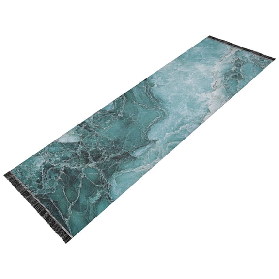Thickened short pile bedside carpet for bedroom, long strip, washable and anti-slip pad. Blue Green Marble Grain