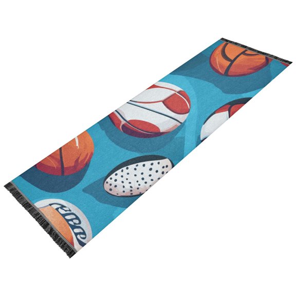 Thickened short pile bedside carpet for bedroom, long strip, washable and anti-slip pad. Blue Sports Ball Pattern