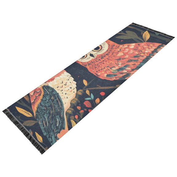 Thickened short pile bedside carpet for bedroom, long strip, washable and anti-slip pad. Floral Owls