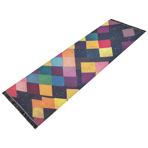 Thickened short pile bedside carpet for bedroom, long strip, washable and anti-slip pad. Multicolor Checkered