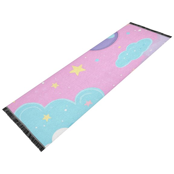 Thickened short pile bedside carpet for bedroom, long strip, washable and anti-slip pad. Pink Space with Planet