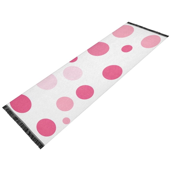 Thickened short pile bedside carpet for bedroom, long strip, washable and anti-slip pad. Pink White Polka Dots