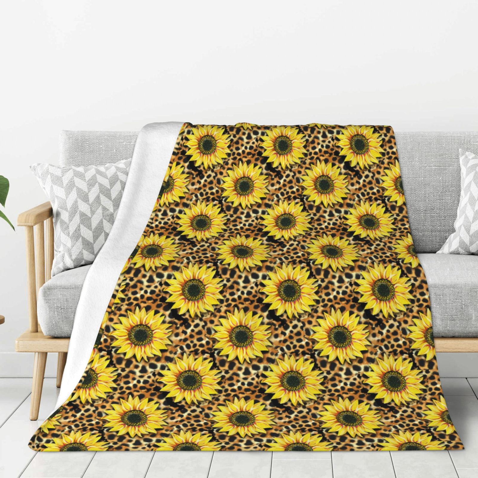 Thickening Throw Blanket for Couch, Sunflowers Leopard Aesthetic Yellow