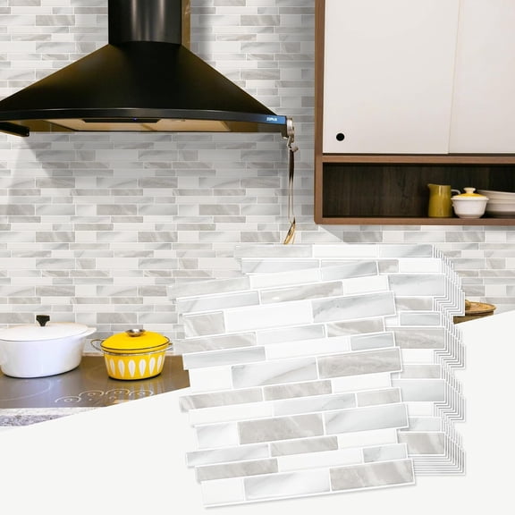 Thicker Design Peel and Stick Tile Backsplash, 12"x12" Stick  Backsplash for Kitchen, Self Adhesive Tile Stickers for Kitchen Backsplash and Bathroom(10 Sheets, Glossy Beige Gray White)