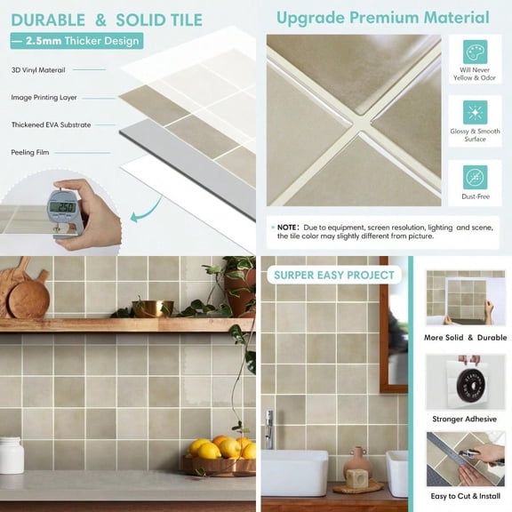 Thicker Peel and Stick Tiles - 10 pcs of 12 x 12 - 3D Adhesive Square Peel and Stick Tiles Backsplash for Kitchen Bathroom Removable Waterproof Vinyl Wall Tile