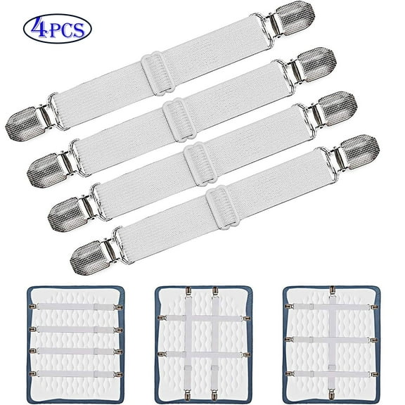 Thicven 4 Pack Adjustable Bed Sheet Clips, Extend From 21" to 80" Long Style Elastic Fasteners Bands, Two Clip Bedding Sheet Fastener