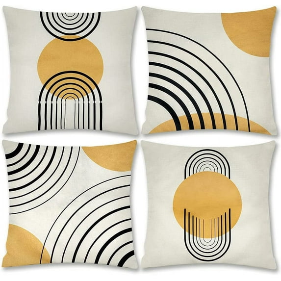Thideape Pillow Covers 18x18 Inch Set of 4 Yellow Abstract Patterns Mid Century Modern Simple Geometric Circle Black Stripe and Gold Throw Pillows Decorative Home Decor Couch Sofa Bedroom Outdoor