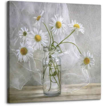 Thideape White daisy Flower in Bottle Wall Decor 14" x 14" Framed Canvas Art Prints