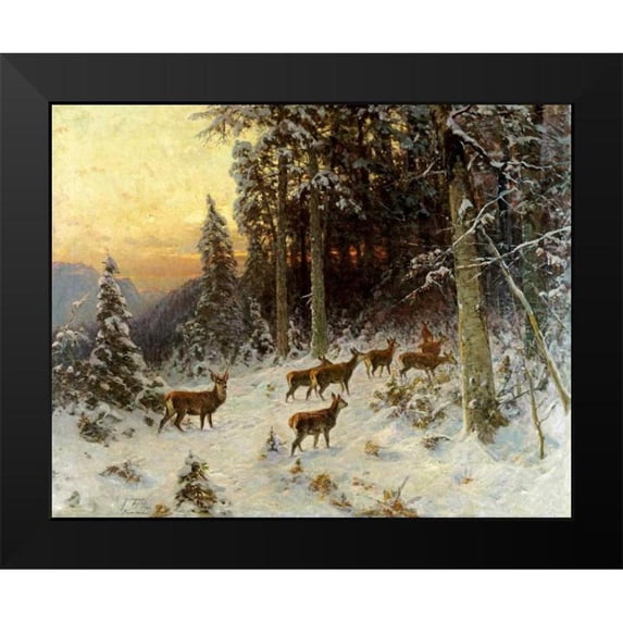 Thiele, Arthur Julius 24x20 Black Modern Framed Museum Art Print Titled - Deer In Winter Wooded Landscape