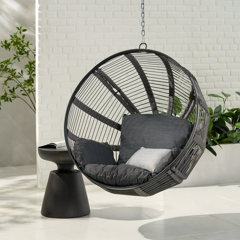 Thieroff Rope Weave Hanging Chair with Black Cushion, Gray Thieroff Rope Weave Hanging Chair with Black Cushion, Gray