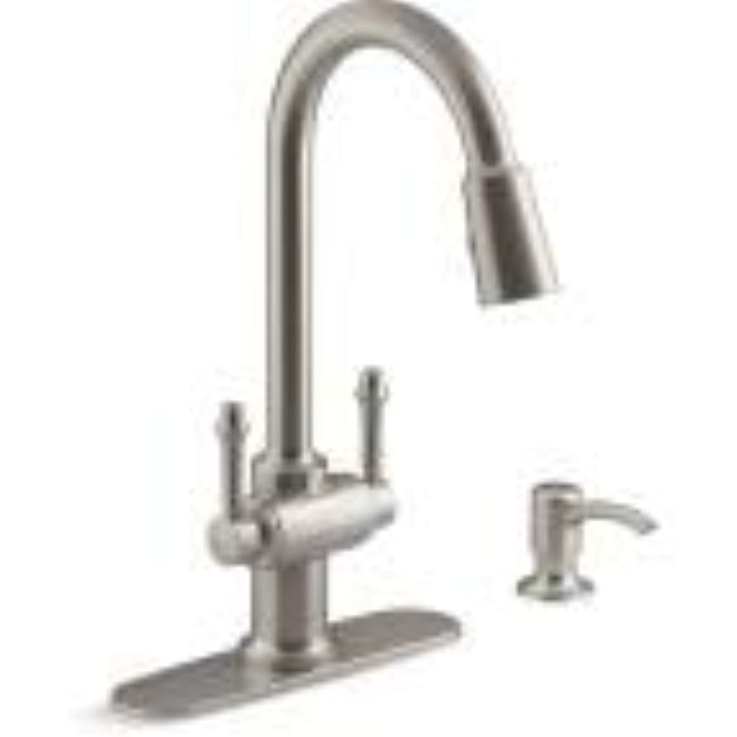 Thierry Two Handle Pull-Down Sprayer Kitchen Faucet with Soap Dispenser in Vibrant Stainless by Kohler