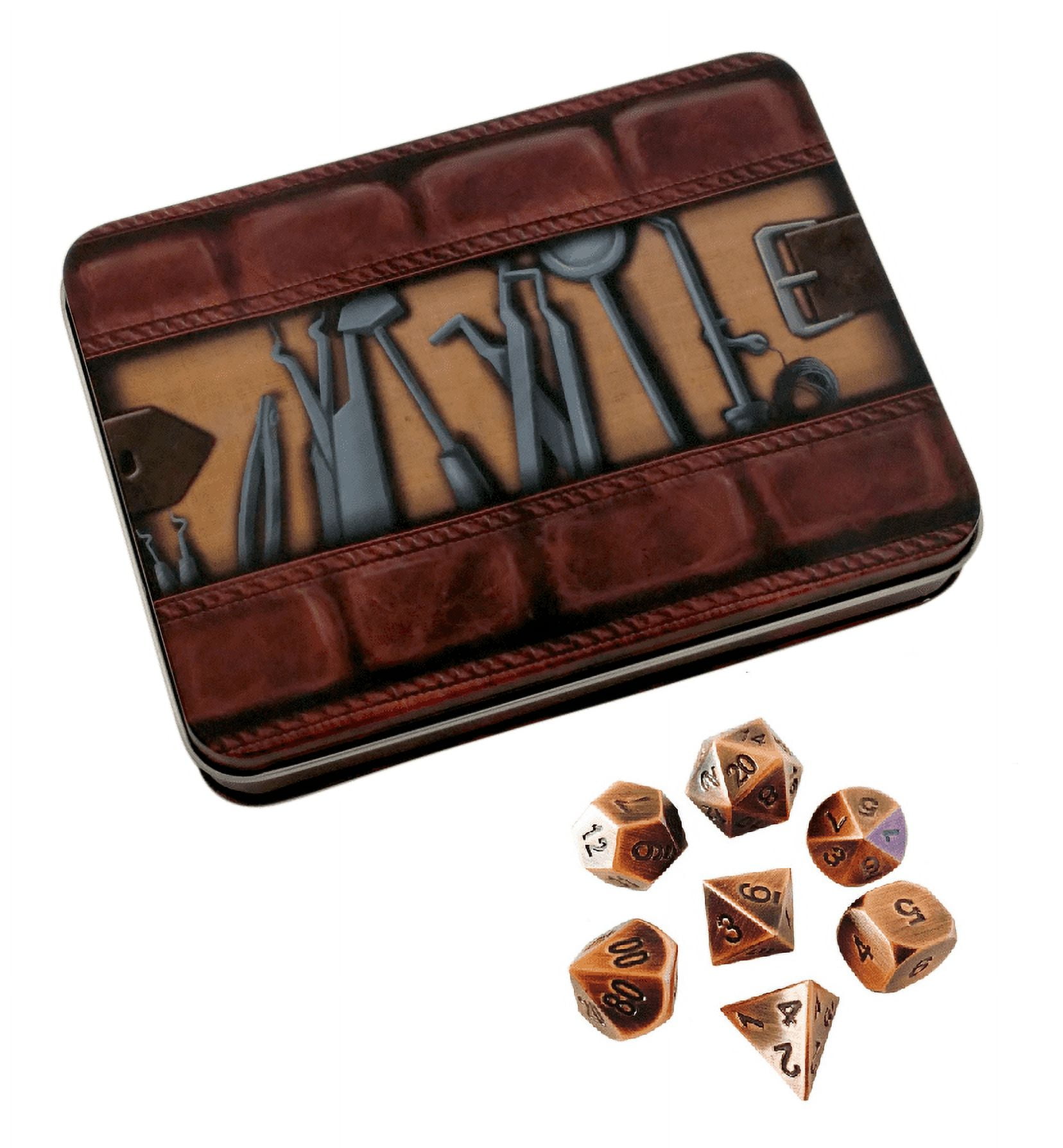 Thieves Tools with Antique Brass Color with Black Numbers Metal Dice -