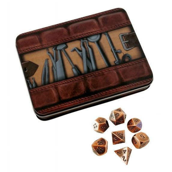 Thieves Tools with Antique Brass Color with Black Numbers Metal Dice -