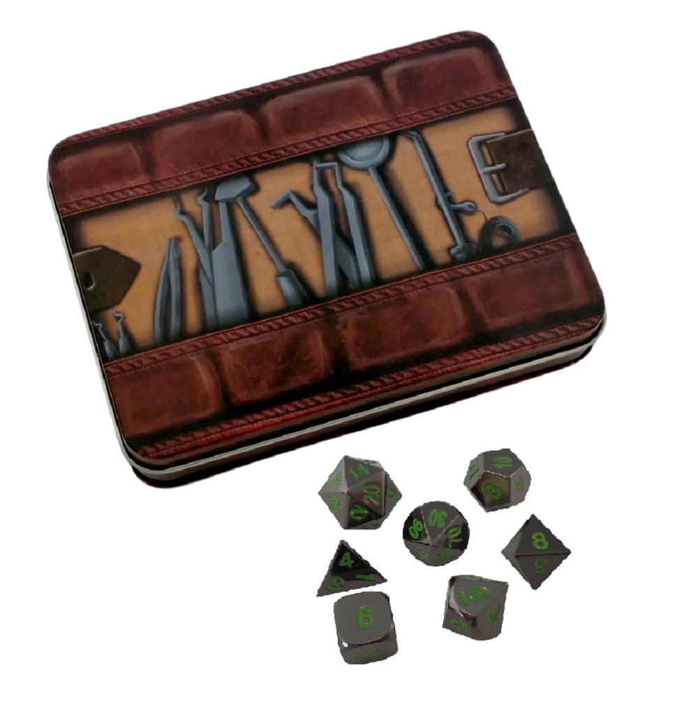 Thieves Tools with Black Dragon | Shiny Black Nickel with Green Numbering Metal Dice -