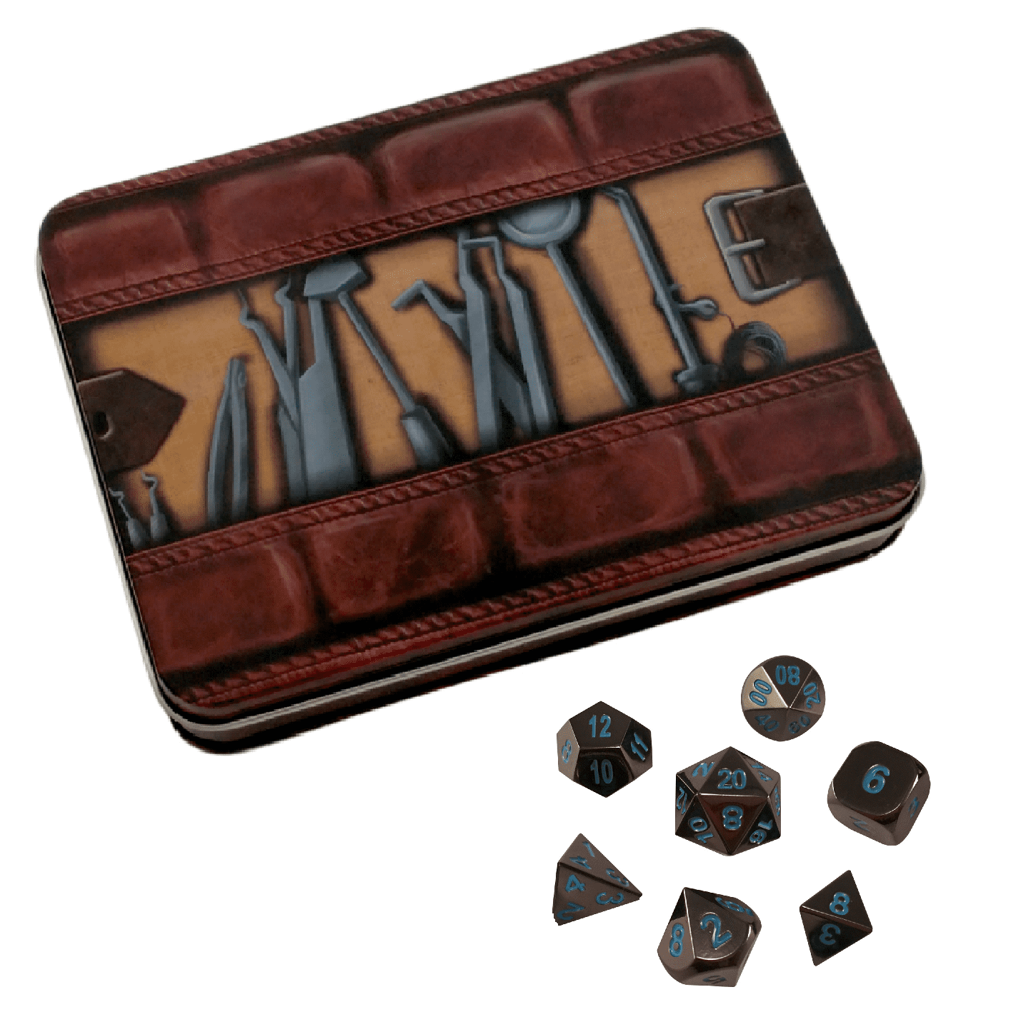 Thieves Tools with Icy Doom | Shiny Black Nickel with Blue Numbering Metal Dice -