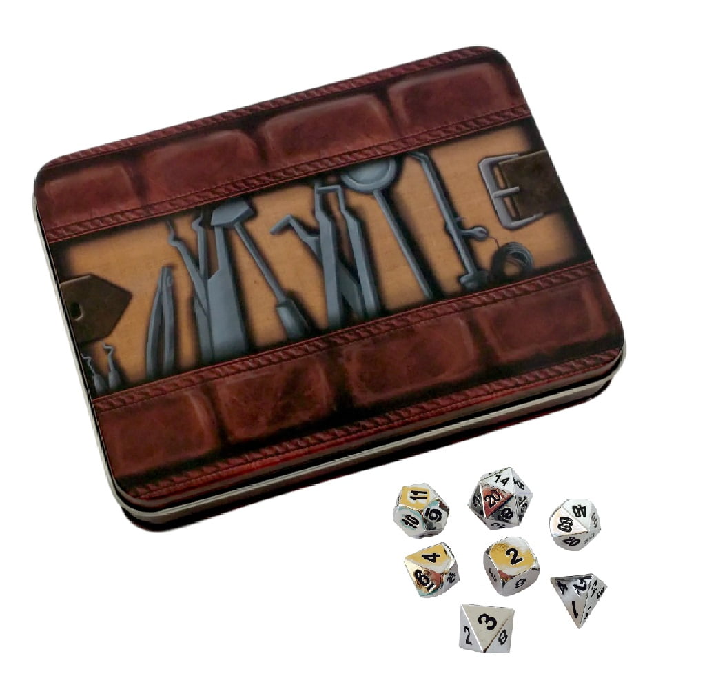Thieves Tools with Shiny Chrome / Silver Color with Black Numbering Metal Dice Set -