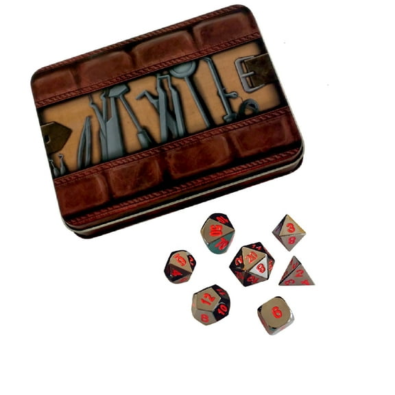 Thieves Tools with Smoke and Fire | Shiny Black Nickel with Red Numbers Metal Dice -