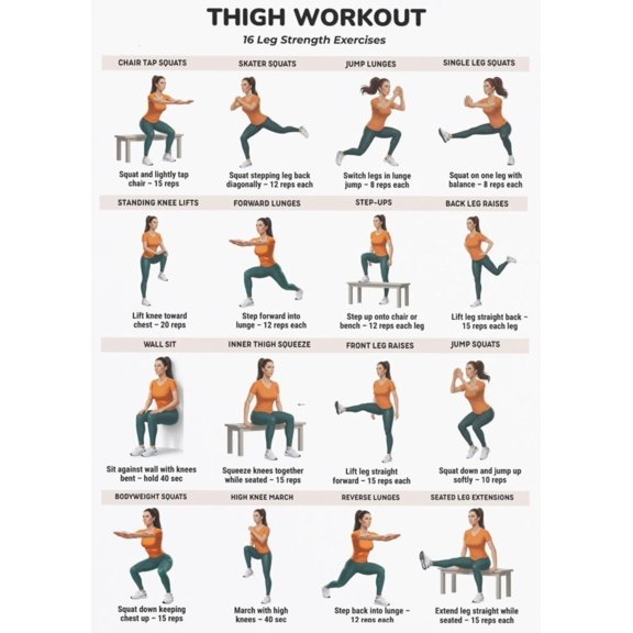 Thigh Exercise Chart Poster, Thigh Exercise Poster, Leg Exercise, Lower Body Exercise Chart Poster, Fitness Exercise Poster