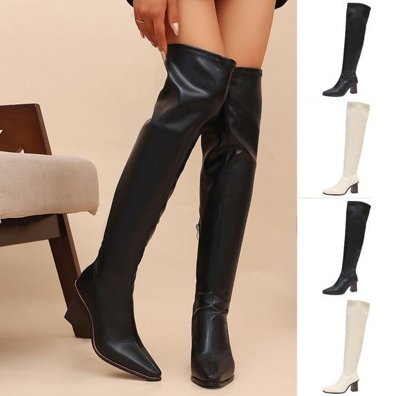 Thigh High Boots for Women Chunky Heel Over the Knee High Boots Comfortable Long Stretch Boots Side Zipper White 9(42)