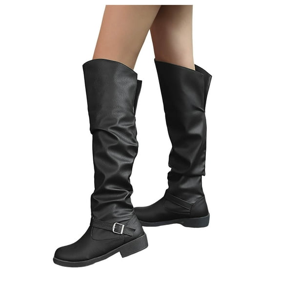 Thigh High Boots for Women Slouchy Fashion Two Ways Leather Low Heel Fold over Knee Length Boots Pull on Mid Calf Booties Winter Fall