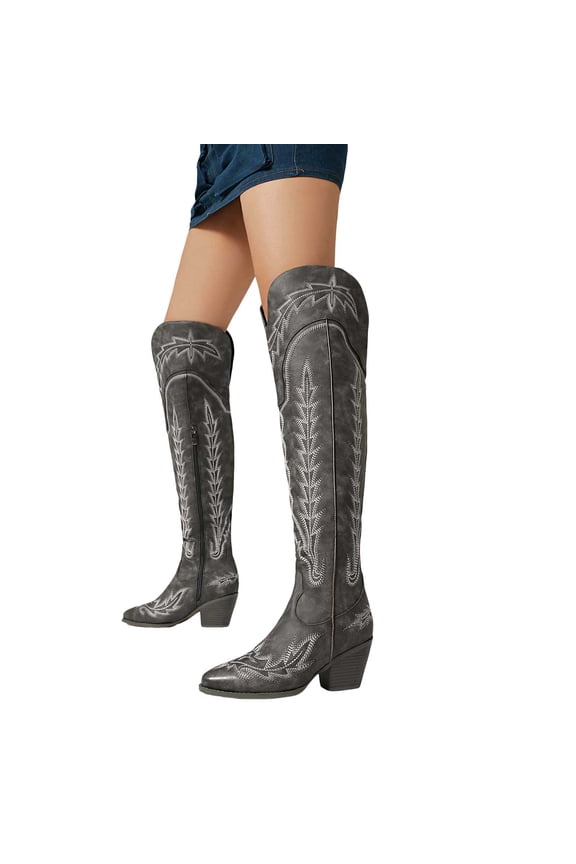 Thigh High Cowboy Boots for Women Wide Calf Embroidered Knee High Western Cowgirl Booties Pointed Toe Over The Knee Fall Boots Gray Size A