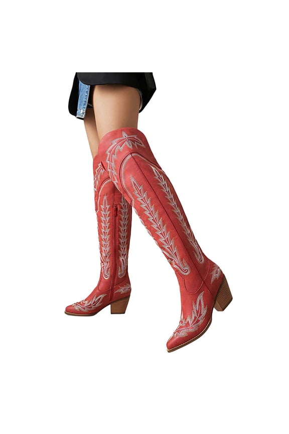 Thigh High Cowboy Boots for Women Wide Calf Embroidered Knee High Western Cowgirl Booties Pointed Toe Over The Knee Fall Boots Red Size A