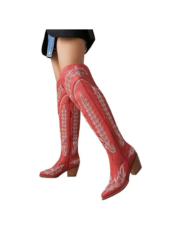 Thigh High Cowboy Boots for Women Wide Calf Embroidered Knee High Western Cowgirl Booties Pointed Toe Over The Knee Fall Boots Red Size E