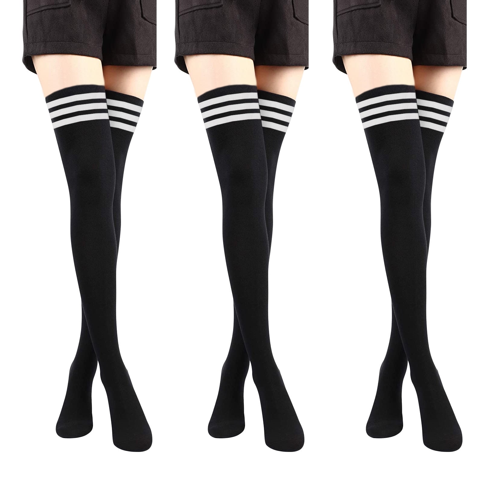 Skycase 3 Pairs Striped Thigh High Socks for Women and Girls