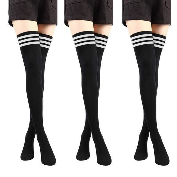 Thigh High Socks 3 Pairs,Knee High Socks for Women Stripes Thin Tube Socks Over Knee Thigh Socks for Women Girls