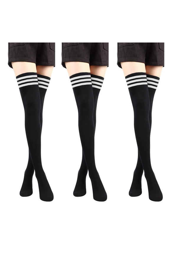 Thigh High Socks 3 Pairs,Knee High Socks for Women Stripes Thin Tube Socks Over Knee Thigh Socks for Women Girls