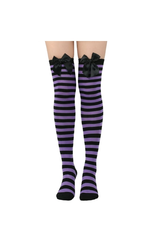 Thigh High Socks for Women featuring Elegant Bowknot Details crafted with Soft Nylon for School Cosplay and Daily Fashion in Classic Solid Black Purple