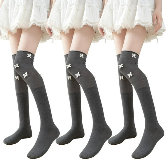 LDU Thigh High Socks for Women,Bow Adorned Youthful Elegant Over the Knee Socks for Daily,date,3-Pair Pack