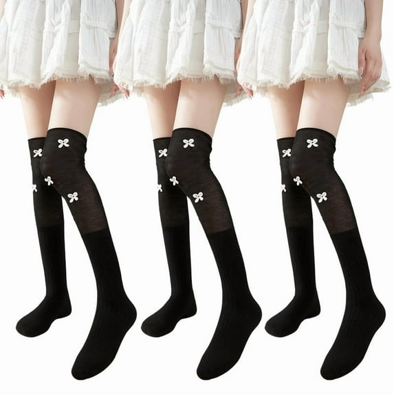 LDU Thigh High Socks for Women,Bow Adorned Youthful Elegant Over the Knee Socks for Daily,date,3-Pair Pack