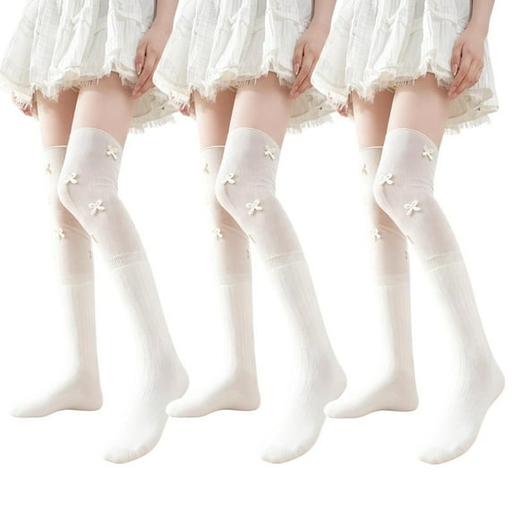LDU Thigh High Socks for Women,Bow Adorned Youthful Elegant Over the Knee Socks for Daily,date,3-Pair Pack