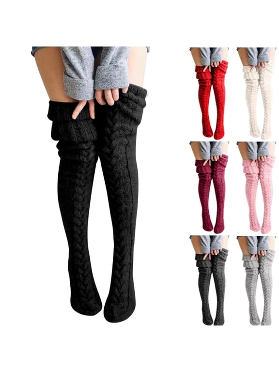 Thigh High Socks for Women Cable Knit Over The Knee Socks Winter Tights Wool Knee High Stockings Leg Warmers Black