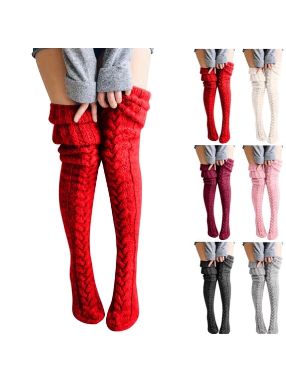 Thigh High Socks for Women Cable Knit Over The Knee Socks Winter Tights Wool Knee High Stockings Leg Warmers Red