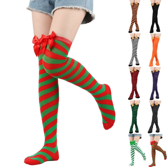 Thigh High Socks for Women Fashion Striped Thick Warm Christmas Bow Socks With Large Size Socks