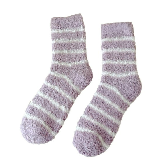 Thigh High Stockings Autumn Winter Striped Coral Velvet Socks Warm Home Sleep Carpet Socks Compression Socks for Women Purple One Size