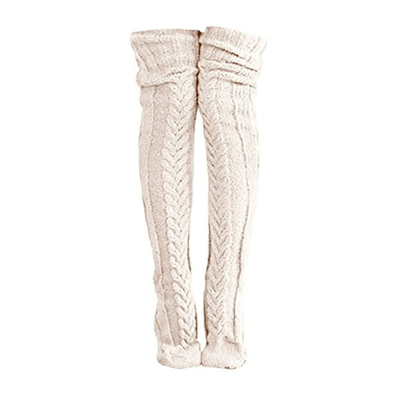 Thigh High Stockings Cable Knitted Extra Long Thigh High Winter Warm Boot Socks Thermal Socks Beige One Size