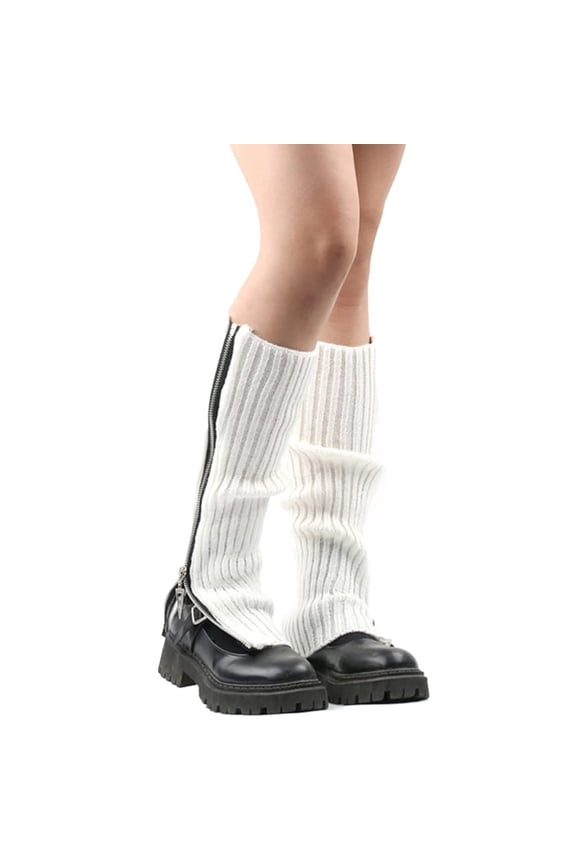 Thigh High Stockings Women's Gothic Punk Ribbed Knitted Leg Side Zip Up Solid Colour Boot Socks Student Knee High Foot Cover Compression Socks for Women White A