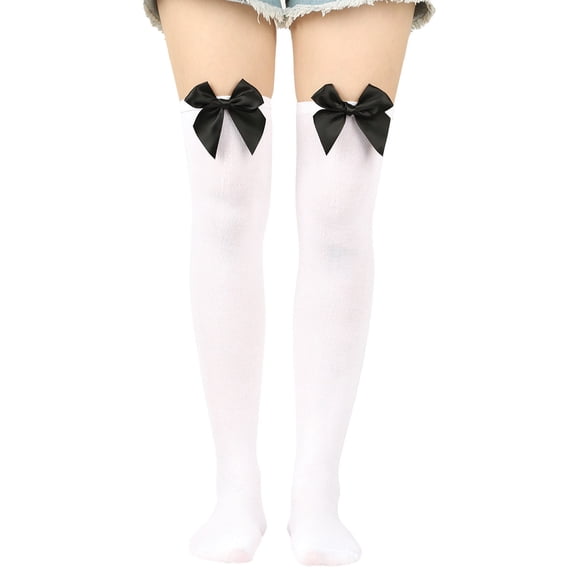 Thigh High Stockings Women's Solid Color Bowknot Thigh High Socks Christmas Festival Socks Compression Socks for Women White One Size