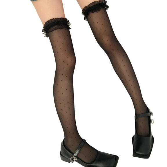 Thigh High Stockings with Ruffle Lace Trim for Women See Through Vintage Dots Patterned Over Knee Long Socks Hosiery