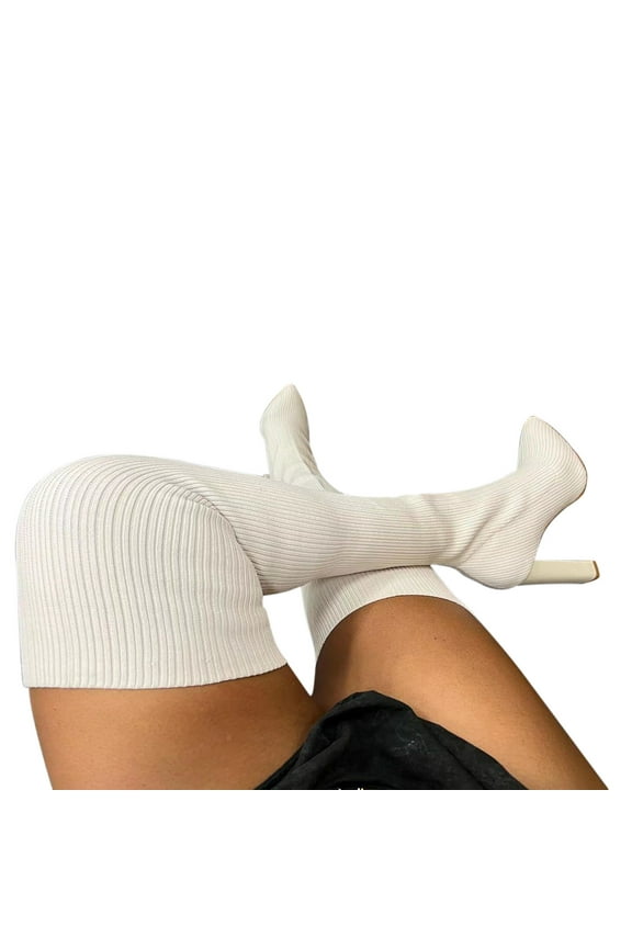 Thigh High Strentch Knitted Boots for Women Over The Knee High Stocking Boots Fashion Chunky High Heel Sock Boots Beige 35