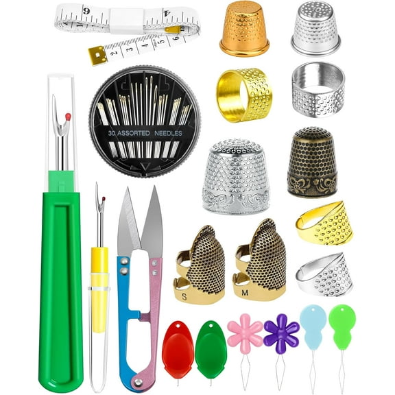 Thimble Kit– Sewing Thimbles for Hand Sewing, Metal Finger Protectors, Thimble Ring for Quilting, Includes Needle Threader, Embroidery Needles, Seam Ripper, Measuring Tape and Thread Snips