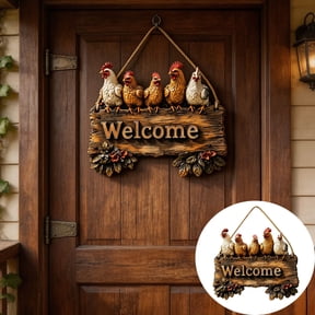 Thin 0.2in Solid Wood Welcome Hen Hanging Sign, Natural Log Texture, Compact Entryway Sizing, Decorative Wall Plaque for Front Door Garden Porch & Home Farmhouse Decor