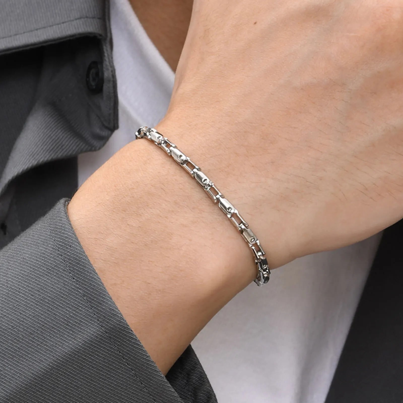 Thin 14K White Gold Chain Bracelets for Men Boys,Waterproof Handmade Chain Links Wristband,Stylish Gift for Husband Father BBF