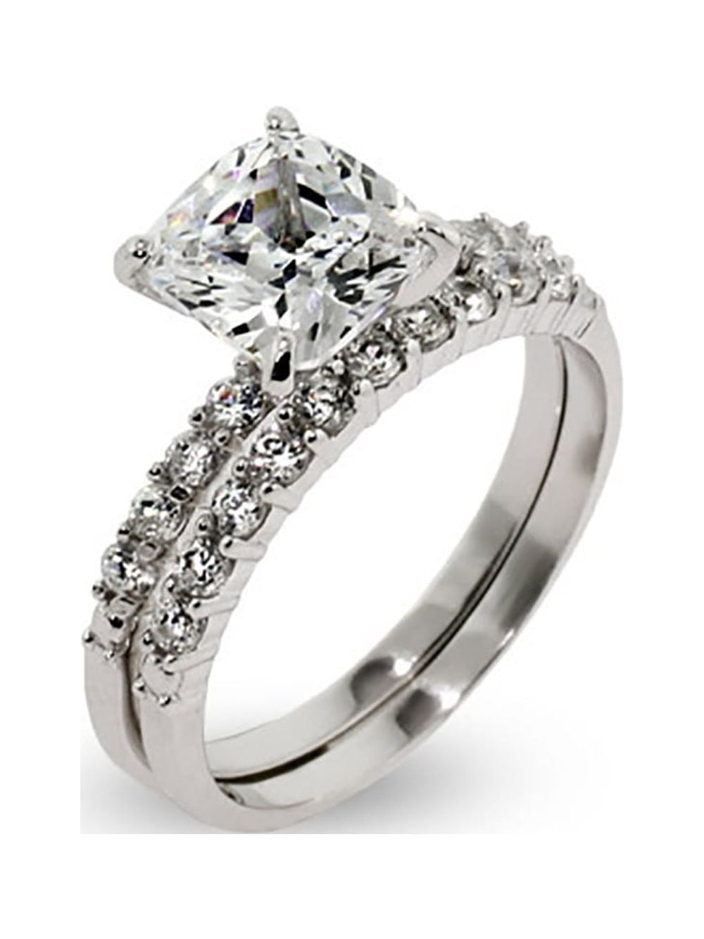 Thin 8mm Cushion Cut Cz Engagement Ring and Wedding Band Set, Ring