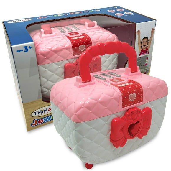 Playful Minds: Jewelry Box Safe - Pink & White, Light & Sound, Portable Treasure Keeper, PIN Keypad & Fingerprint Scanner, Bill Feeder Slot, Kids 3+