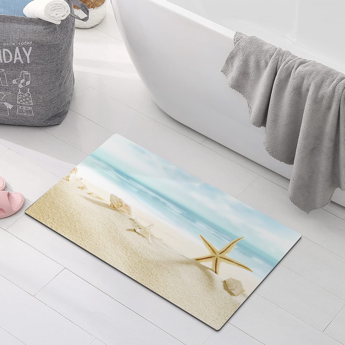 Thin Bathroom Flat Rugs, Seashells Starfish Gradient Maritime Beach