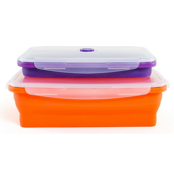 Thin Bins Collapsible Containers – Set of 2 Large Rectangle Silicone Food Storage Containers -Microwave, Dishwasher Safe